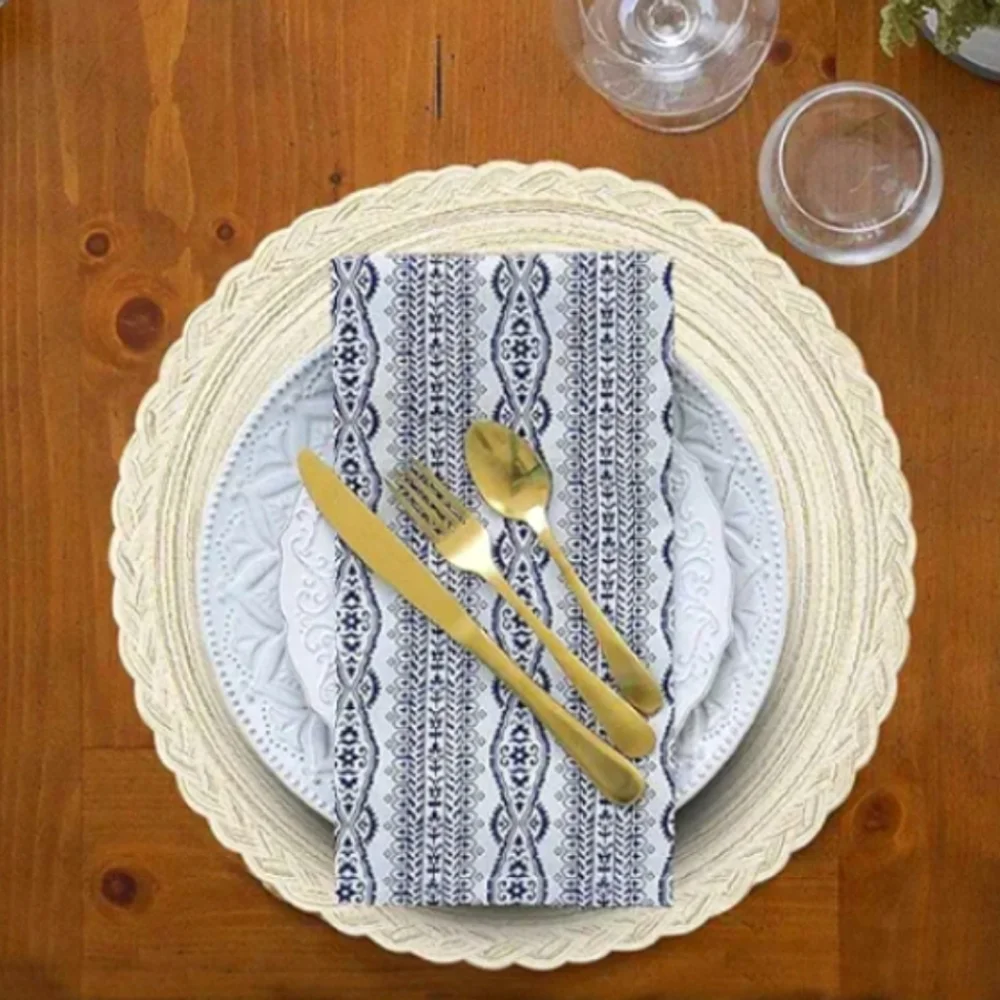 NWOT Set/ 6 Elrene Home Stripe Block Print Cotton Fabric Napkins Indigo, Natural